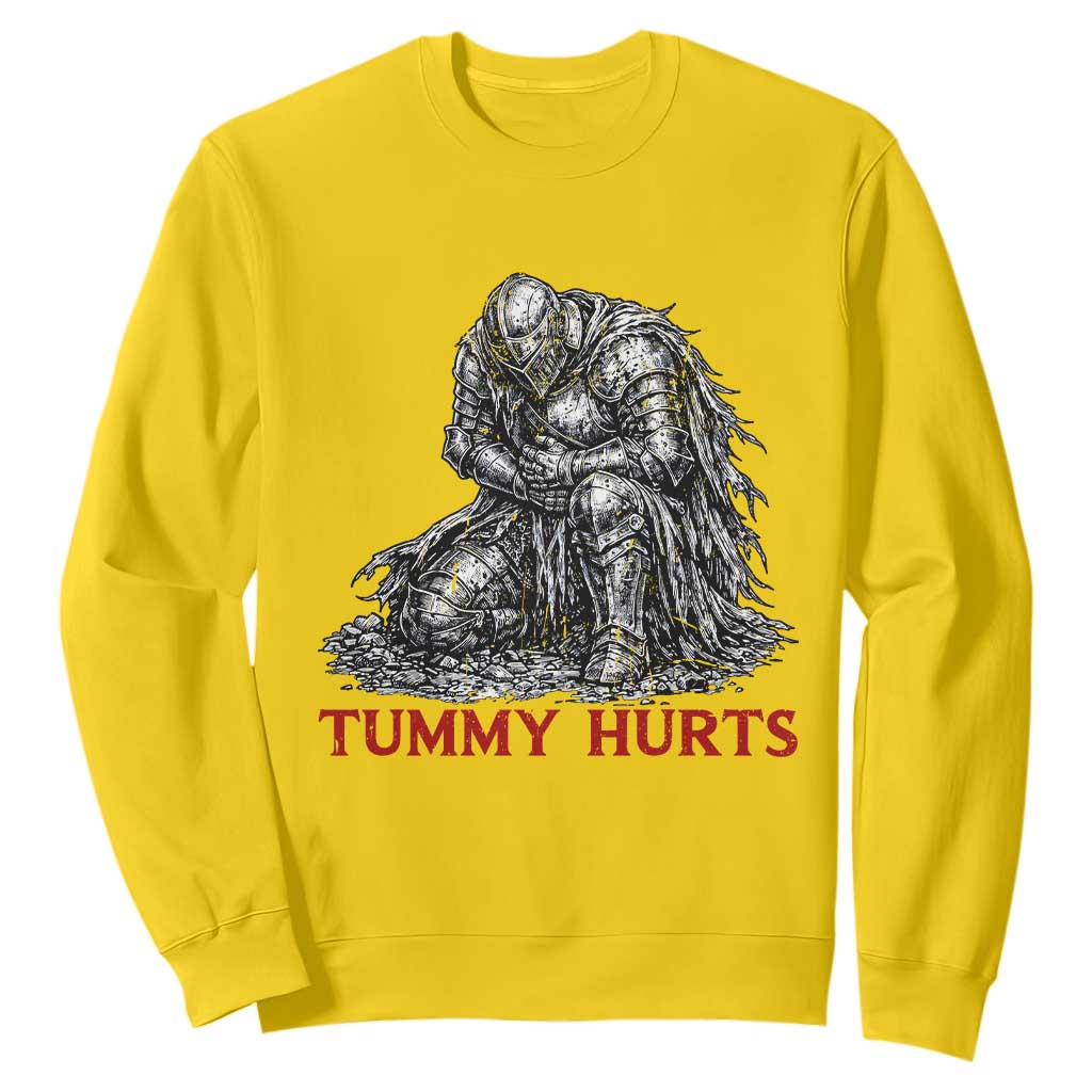 Funny Tummy Hurts Medieval Knight Sweatshirt Dark Fantasy Warrior Meme Graphic
