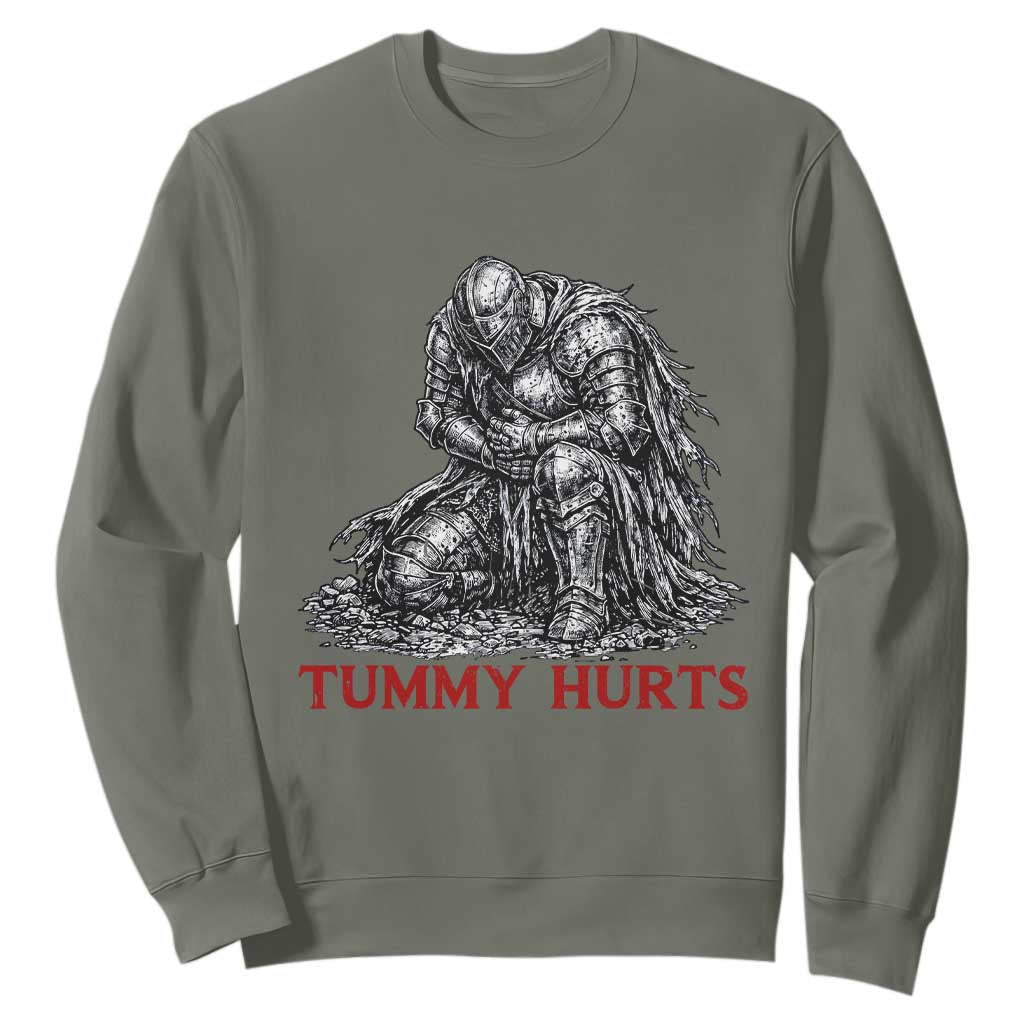 Funny Tummy Hurts Medieval Knight Sweatshirt Dark Fantasy Warrior Meme Graphic