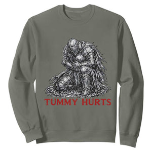 Funny Tummy Hurts Medieval Knight Sweatshirt Dark Fantasy Warrior Meme Graphic