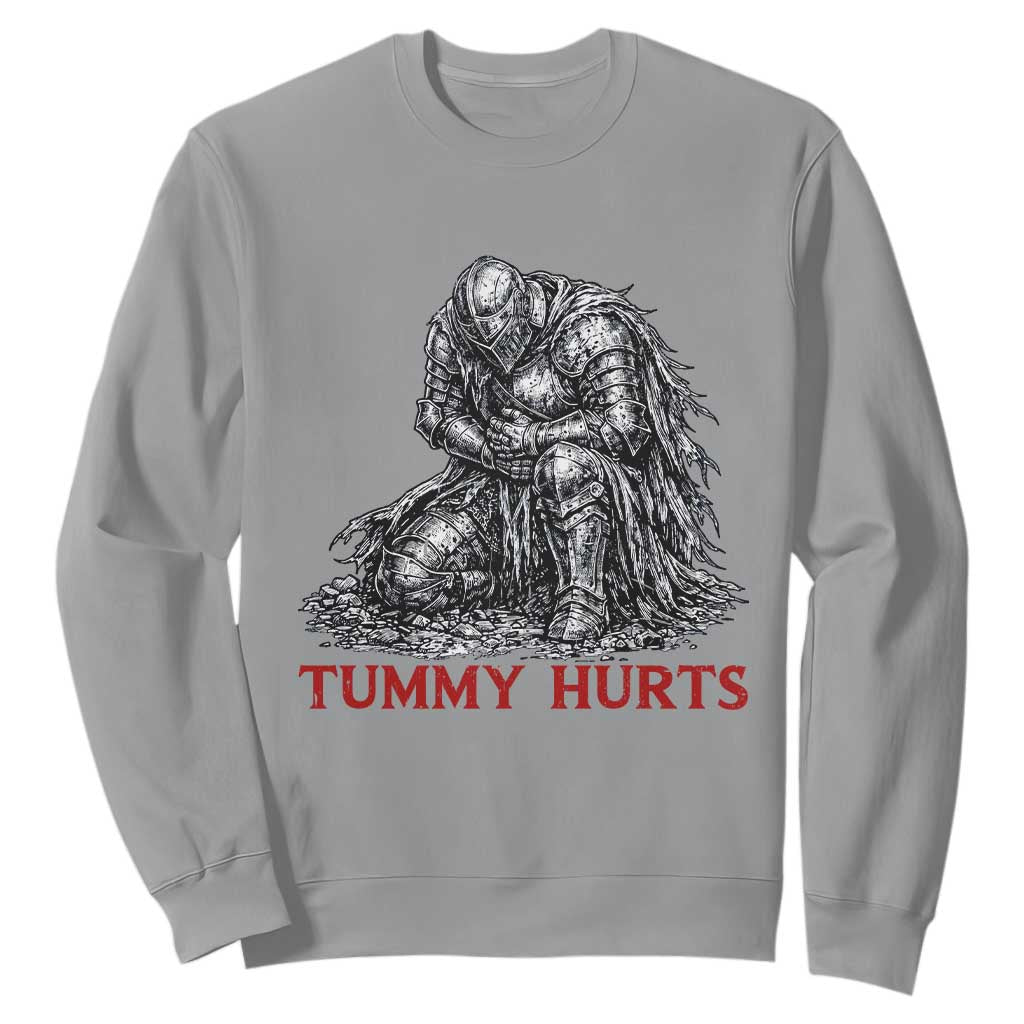 Funny Tummy Hurts Medieval Knight Sweatshirt Dark Fantasy Warrior Meme Graphic
