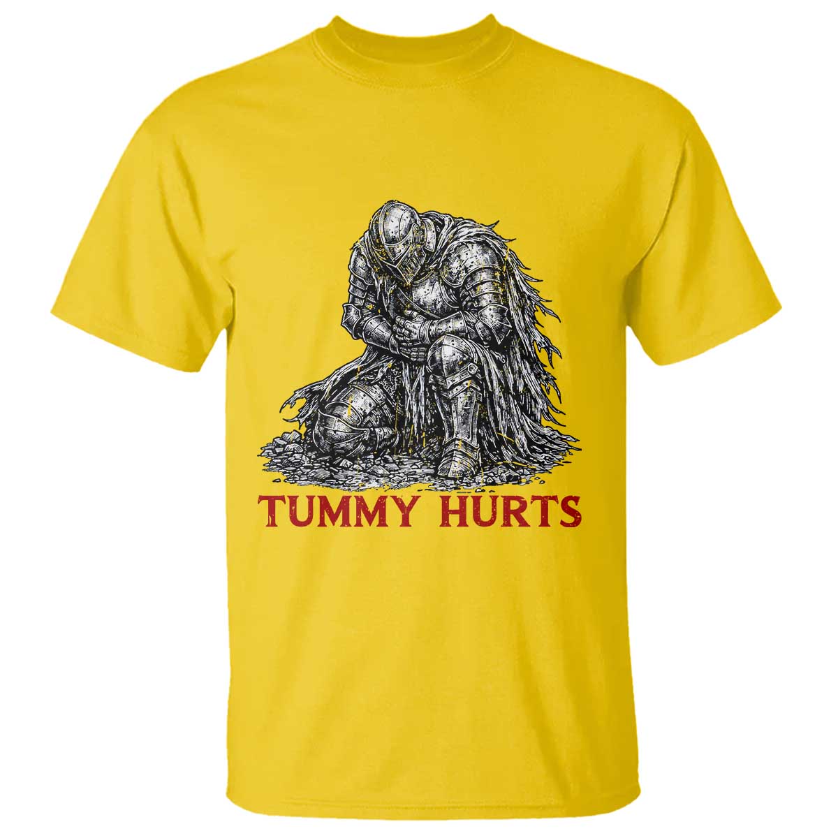 Funny Tummy Hurts Medieval Knight T Shirt Dark Fantasy Warrior Meme Graphic