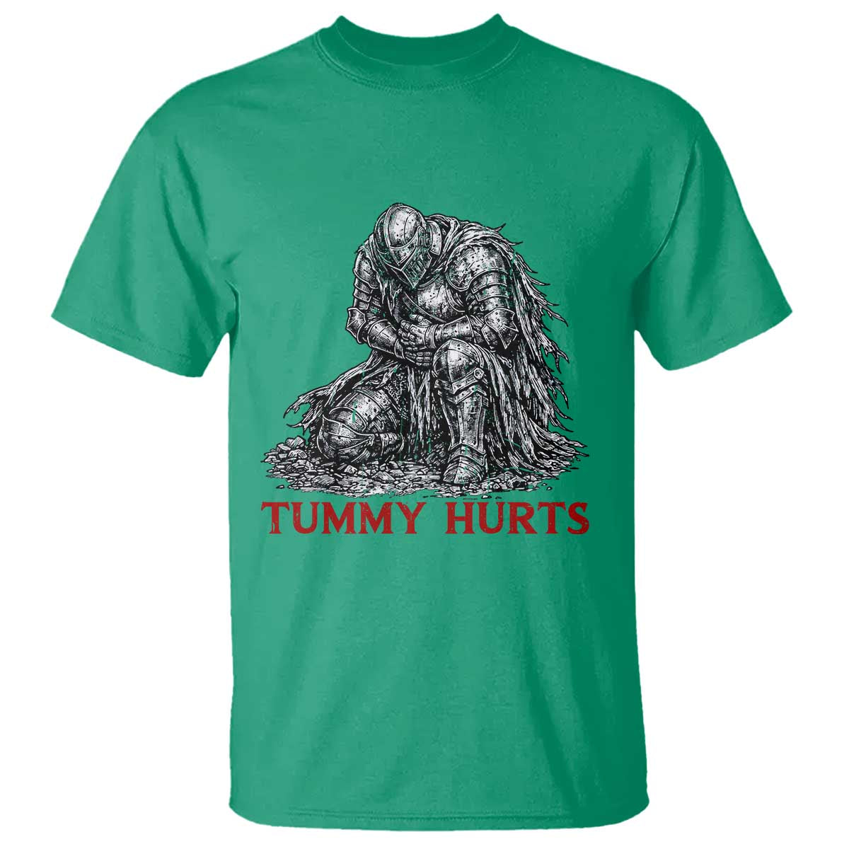 Funny Tummy Hurts Medieval Knight T Shirt Dark Fantasy Warrior Meme Graphic