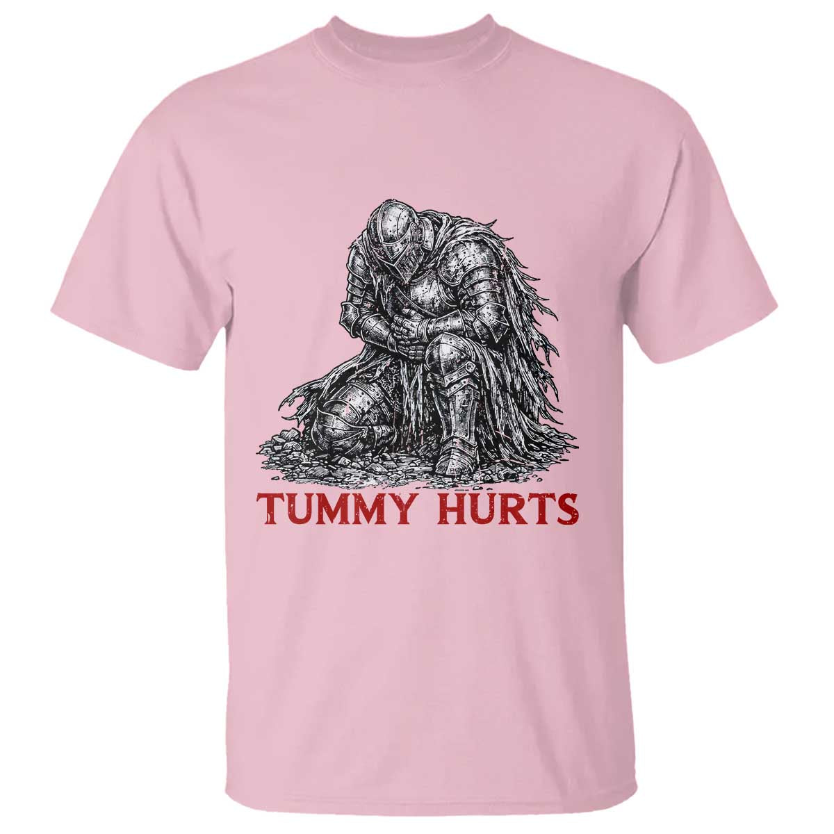 Funny Tummy Hurts Medieval Knight T Shirt Dark Fantasy Warrior Meme Graphic