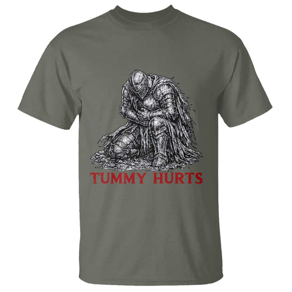 Funny Tummy Hurts Medieval Knight T Shirt Dark Fantasy Warrior Meme Graphic