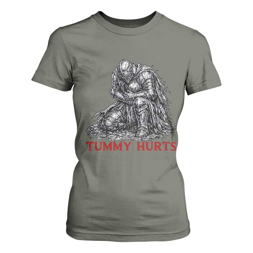 Funny Tummy Hurts Medieval Knight T Shirt For Women Dark Fantasy Warrior Meme Graphic