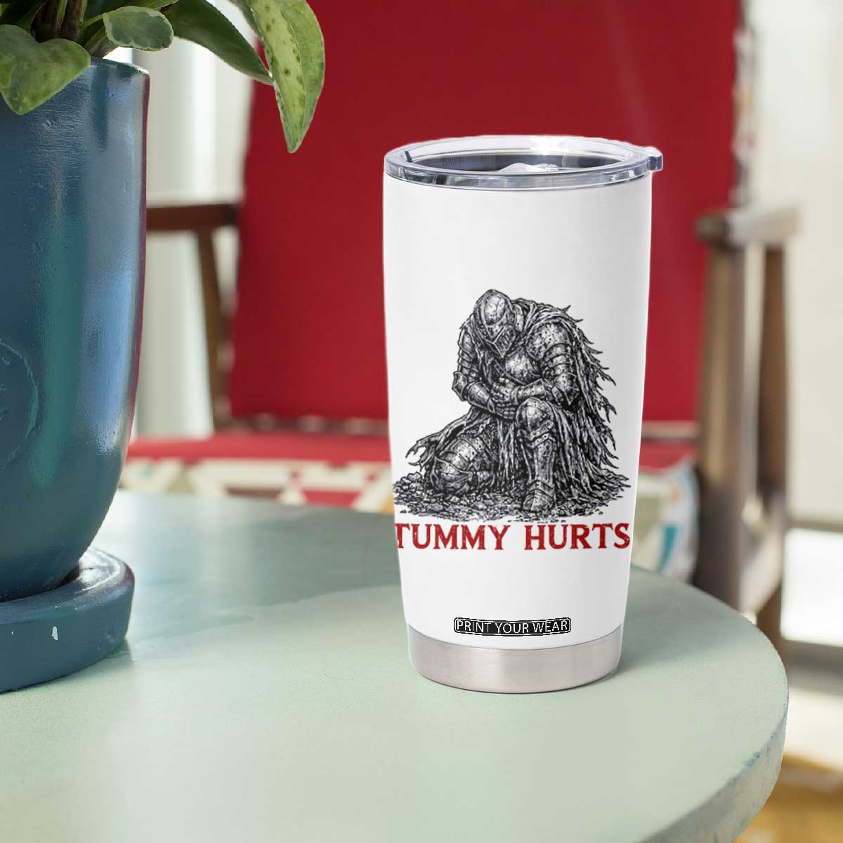 Funny Tummy Hurts Medieval Knight Tumbler Cup Dark Fantasy Warrior Meme Graphic
