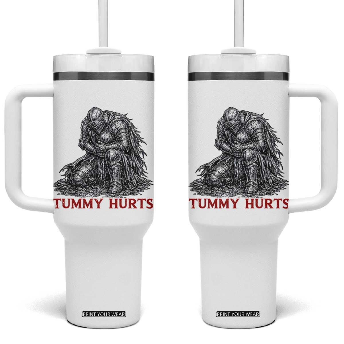 Funny Tummy Hurts Medieval Knight Tumbler With Handle Dark Fantasy Warrior Meme Graphic