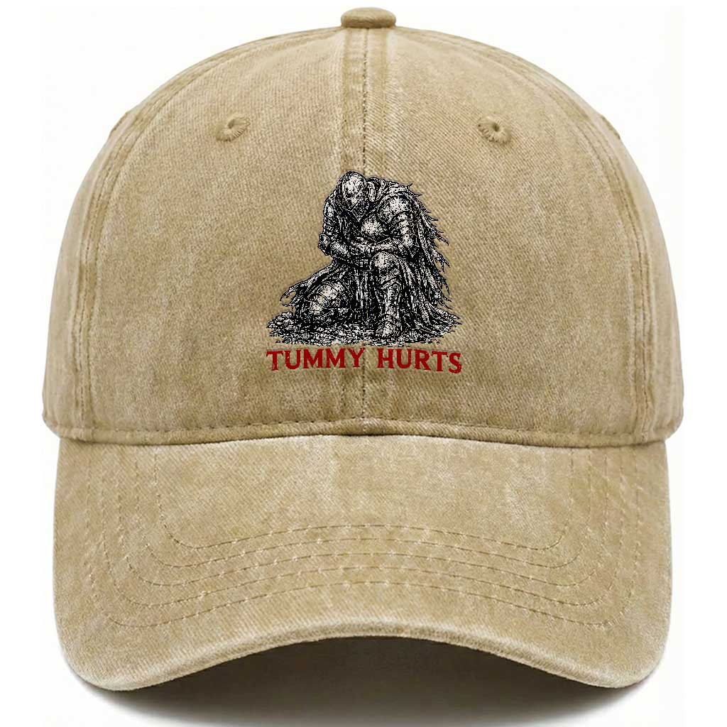 Funny Tummy Hurts Medieval Knight Washed Cotton Baseball Cap Dark Fantasy Warrior Meme Graphic TS12 Print Your Wear