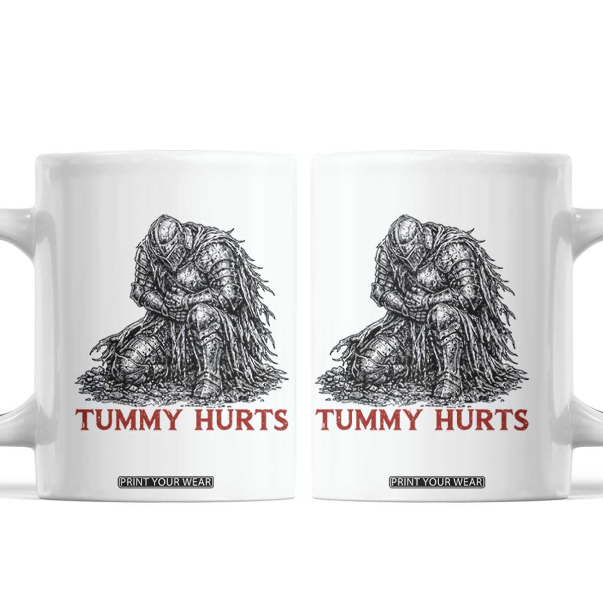 Funny Tummy Hurts Medieval Knight Coffee Mug Dark Fantasy Warrior Meme Graphic