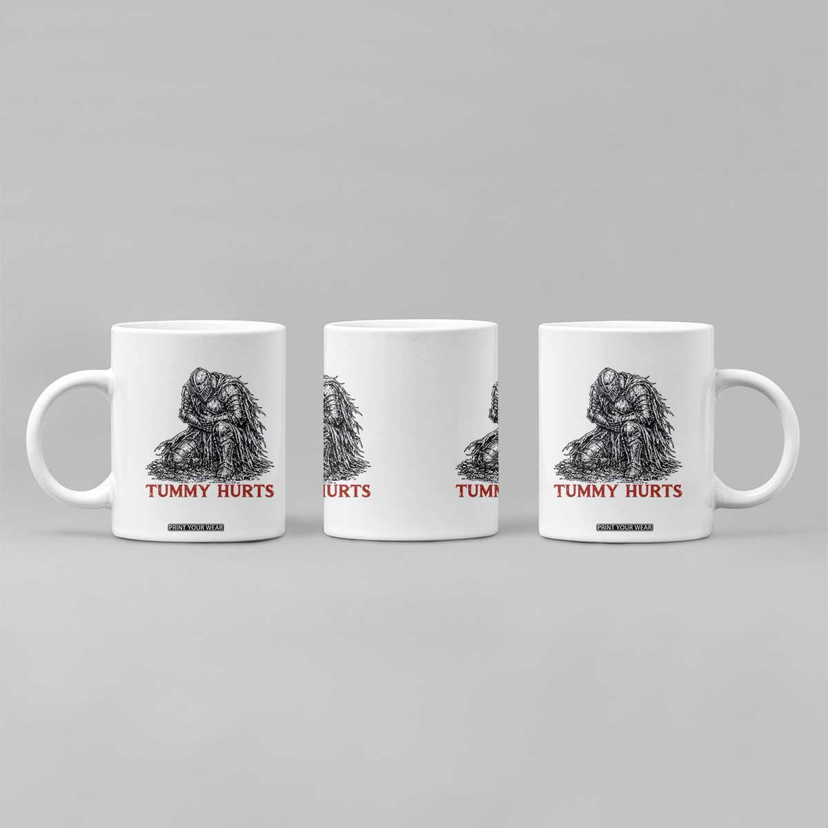 Funny Tummy Hurts Medieval Knight Coffee Mug Dark Fantasy Warrior Meme Graphic