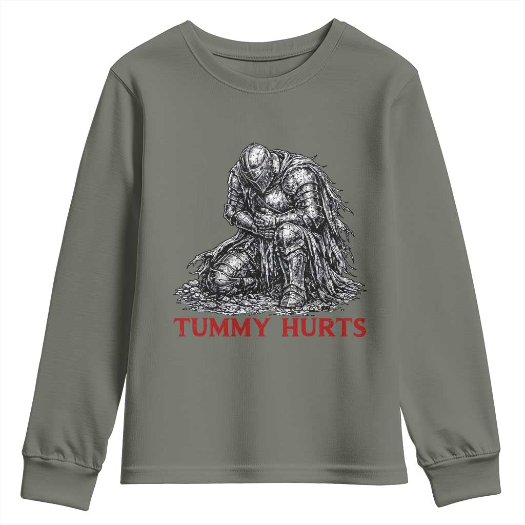 Funny Tummy Hurts Medieval Knight Youth Sweatshirt Dark Fantasy Warrior Meme Graphic