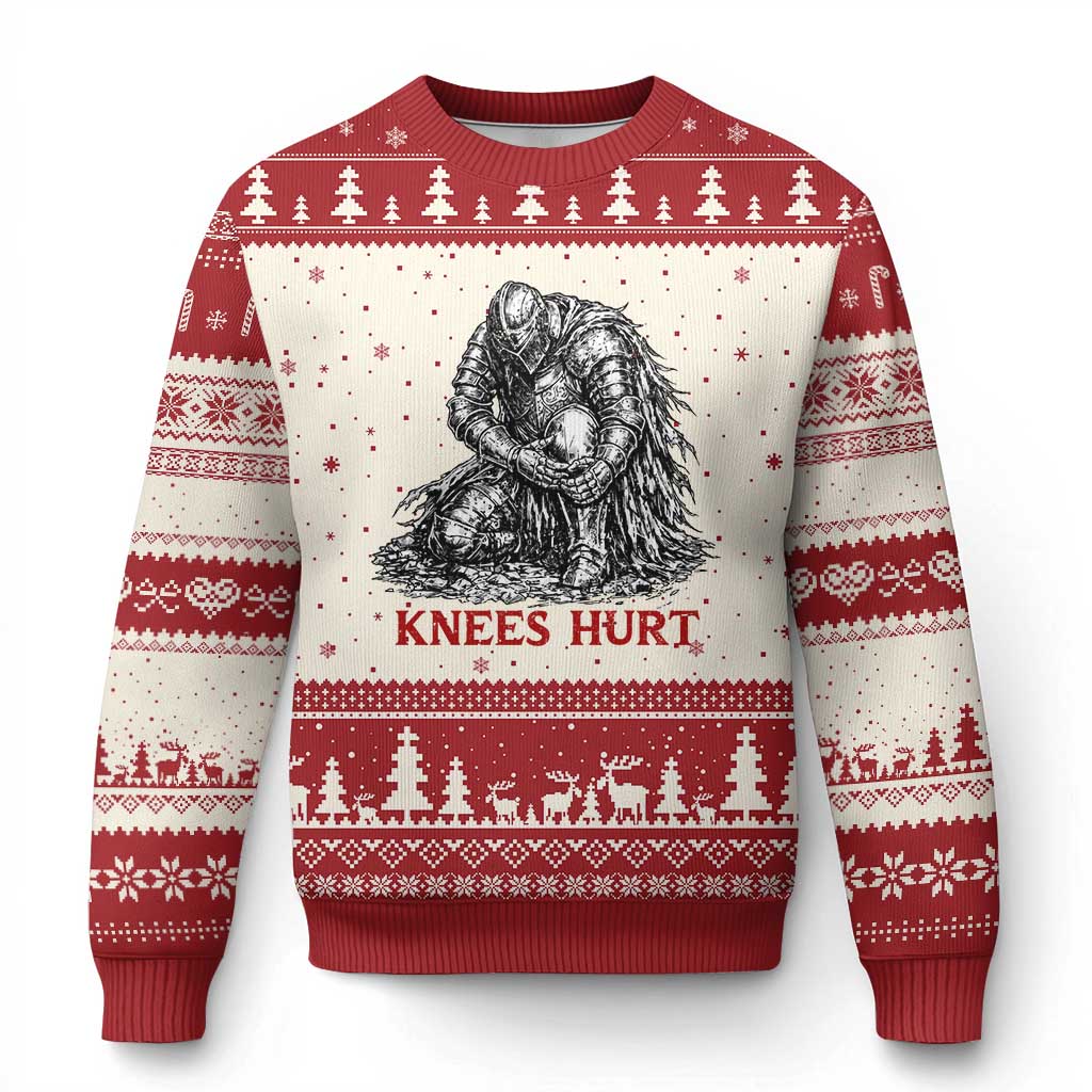 Funny Knees Hurt Medieval Knight Ugly Christmas Sweater Dark Fantasy Sword Warrior Humor TS12 Beige Red Print Your Wear
