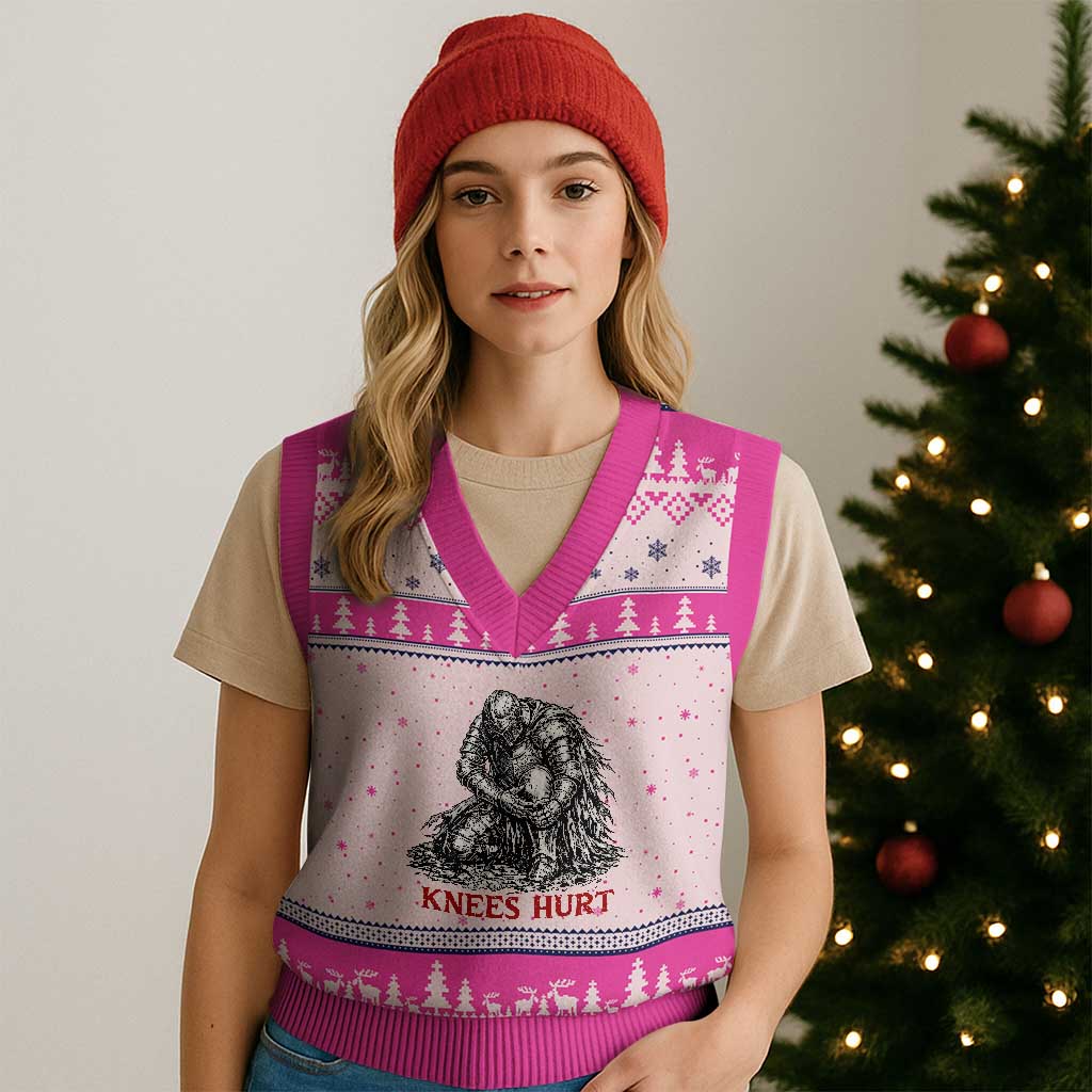 Funny Knees Hurt Medieval Knight V-Neck Knit Sweater Vest Dark Fantasy Sword Warrior Humor