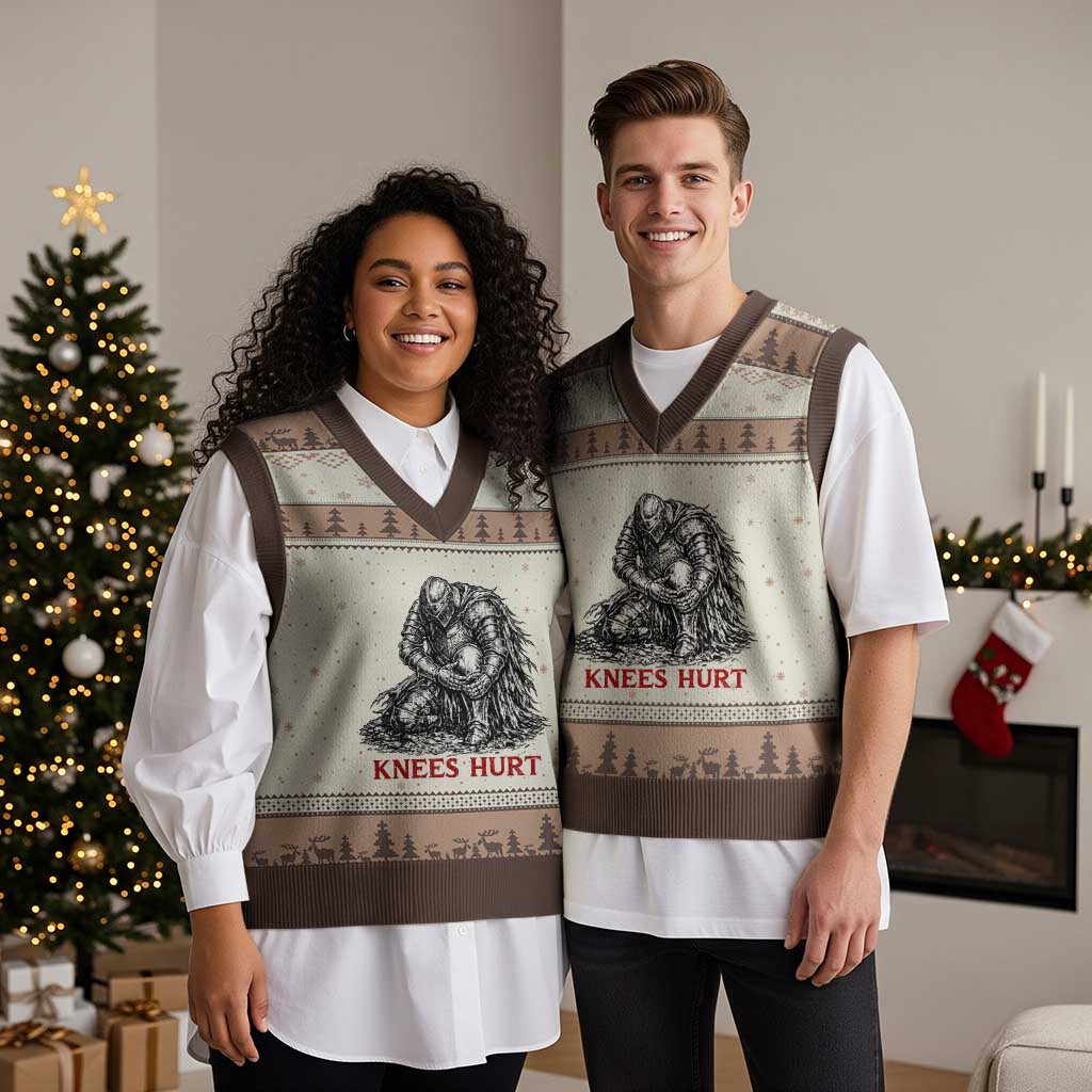 Funny Knees Hurt Medieval Knight V-Neck Knit Sweater Vest Dark Fantasy Sword Warrior Humor