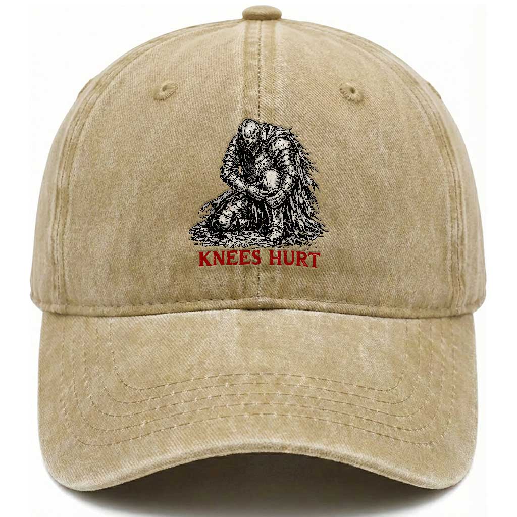 Funny Knees Hurt Medieval Knight Washed Cotton Baseball Cap Dark Fantasy Sword Warrior Humor TS12 Print Your Wear