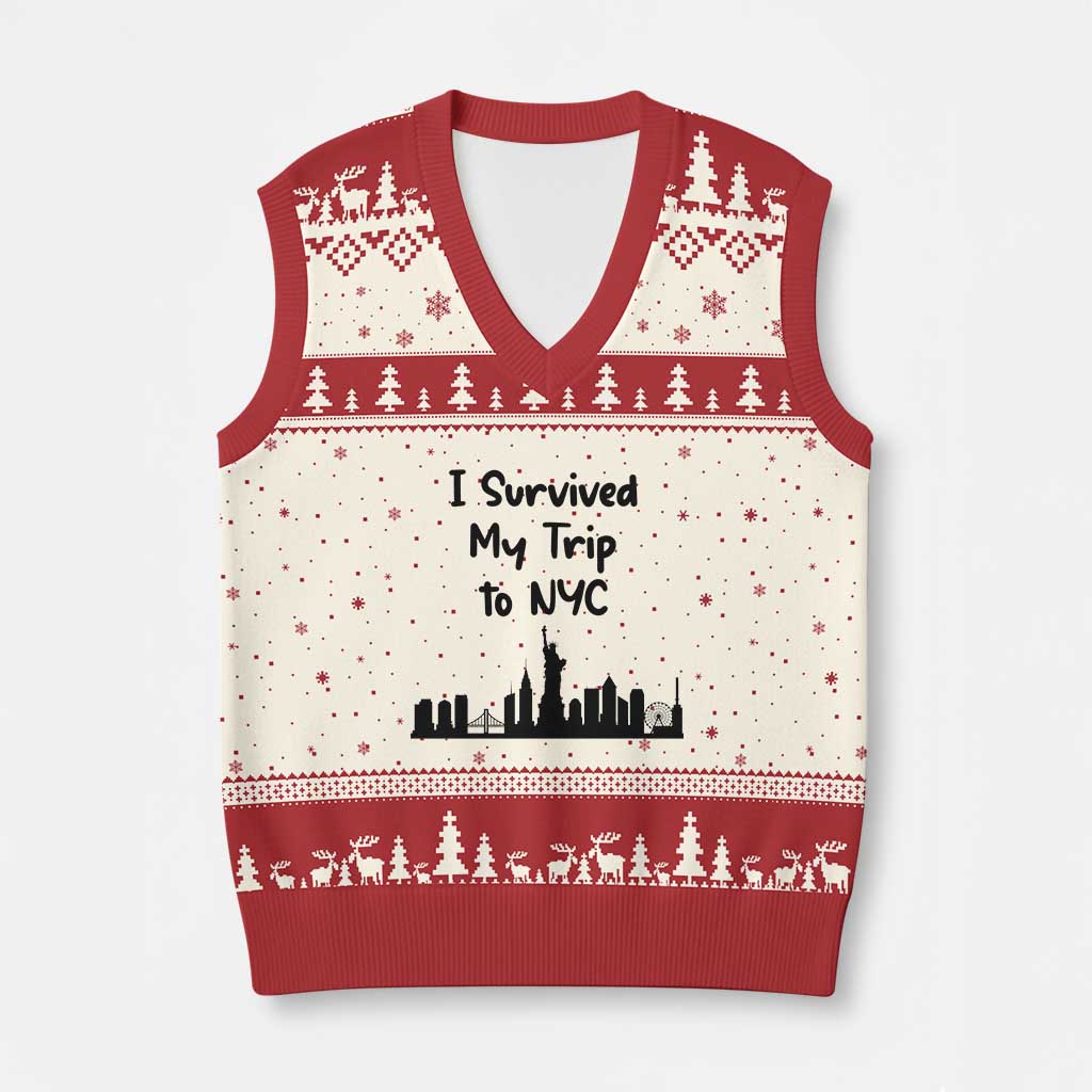 New York City Skyline Travel Tourist V-Neck Knit Sweater Vest I Survived My Trip To NYC TS12 Beige Red Print Your Wear
