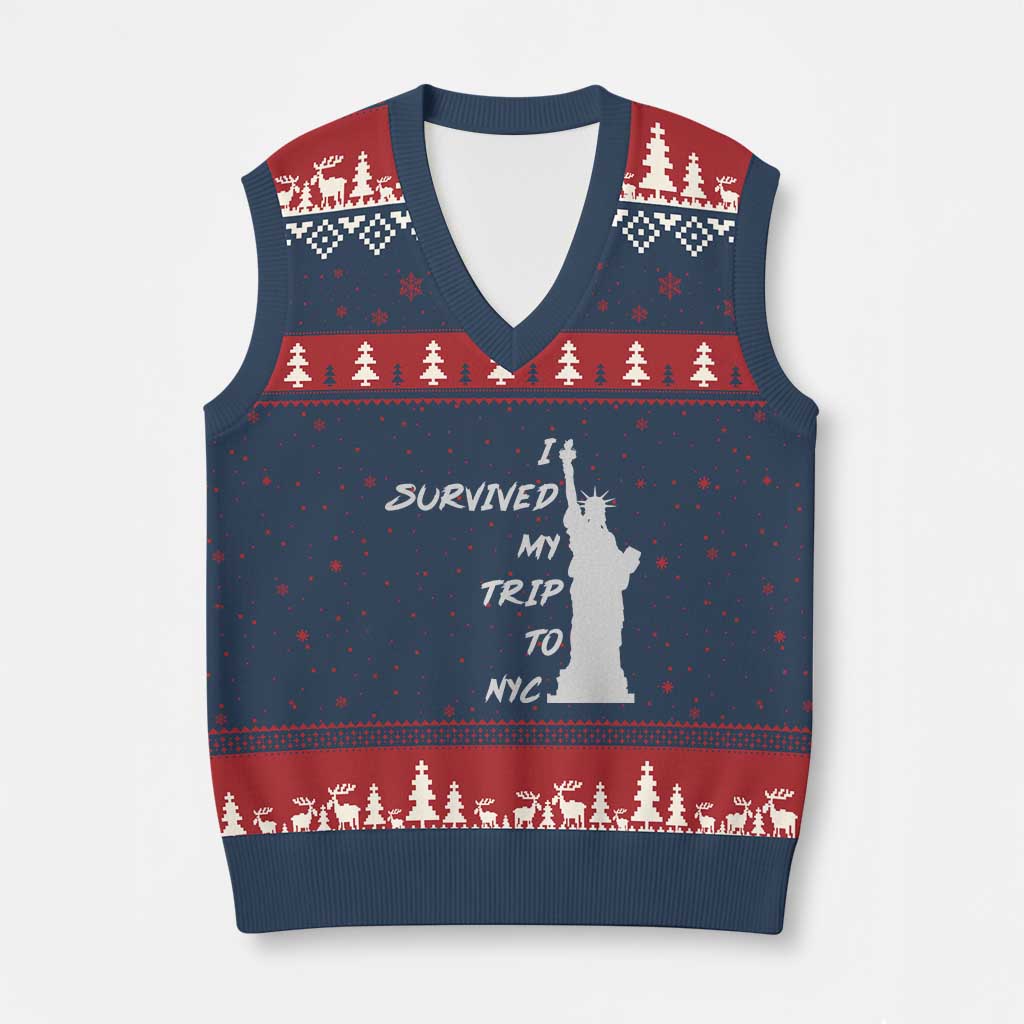 Funny New York City Travel Graphic V-Neck Knit Sweater Vest I Survived My Trip To NYC TS12 Navy Red Print Your Wear