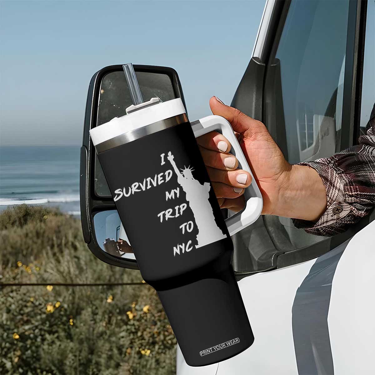 Funny New York City Travel Graphic Tumbler With Handle I Survived My Trip To NYC