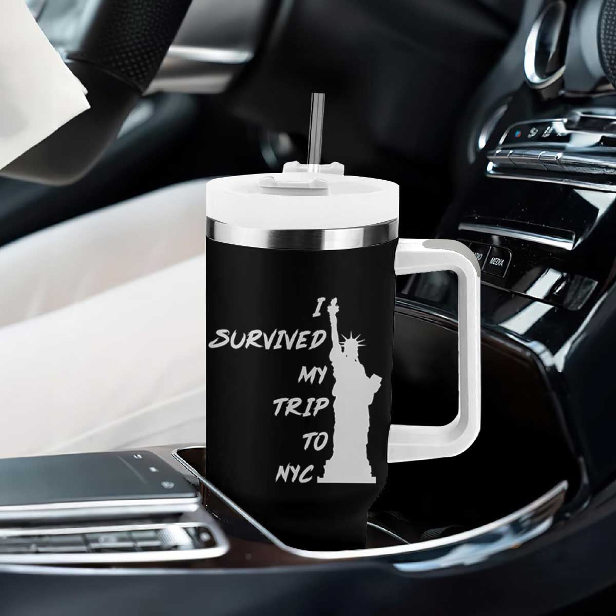 Funny New York City Travel Graphic Tumbler With Handle I Survived My Trip To NYC