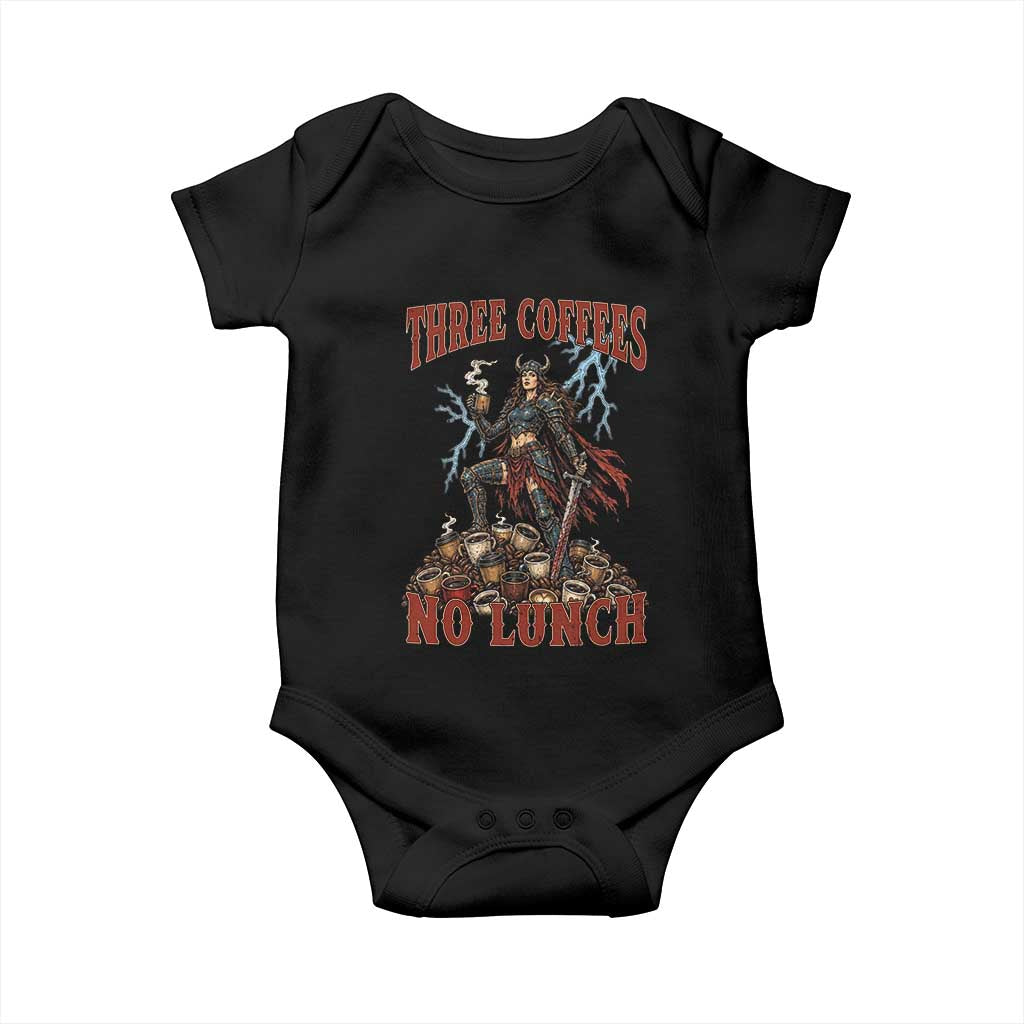 Funny Medieval Knight Worker Meme Baby Onesie Three Coffees No Lunch Valkyrie Coffee Lover TS12 Black Print Your Wear