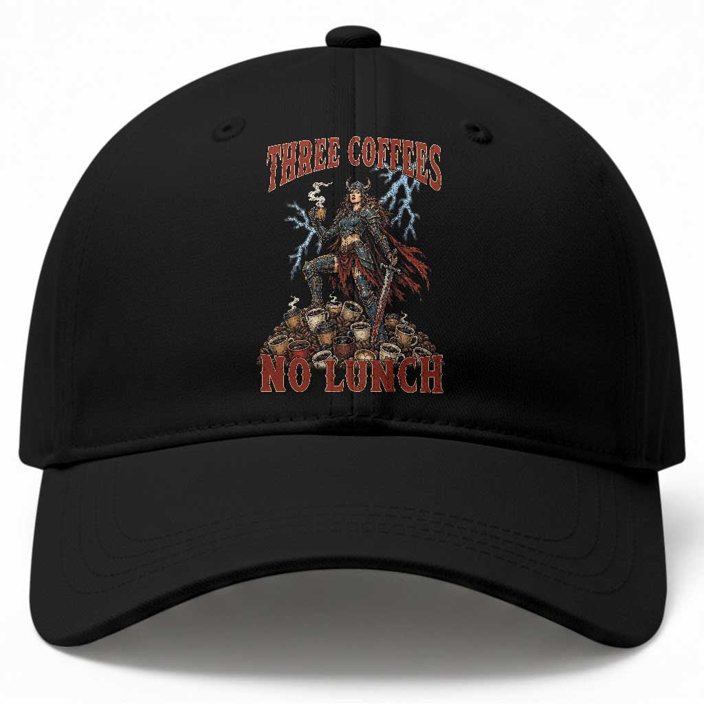 Funny Medieval Knight Worker Meme Baseball Cap Three Coffees No Lunch Valkyrie Coffee Lover TS12 Print Your Wear