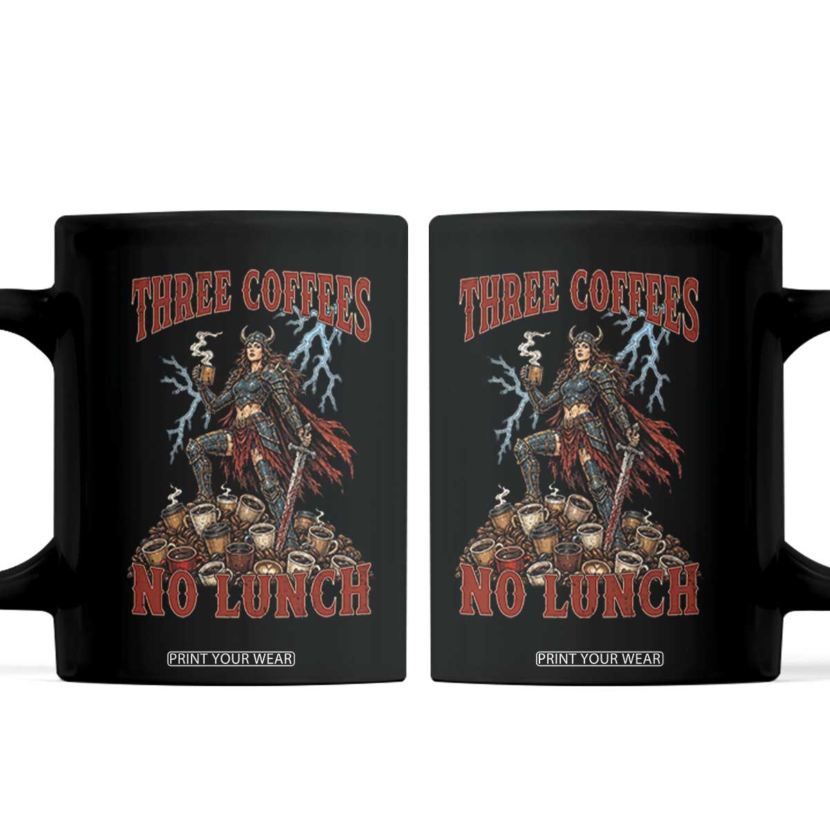 Funny Medieval Knight Worker Meme Coffee Mug Three Coffees No Lunch Valkyrie Coffee Lover TS12 Black Print Your Wear