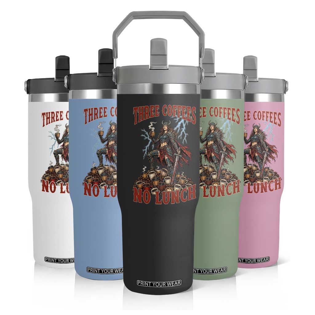 Funny Medieval Knight Worker Meme Flip Straw Tumbler Three Coffees No Lunch Valkyrie Coffee Lover