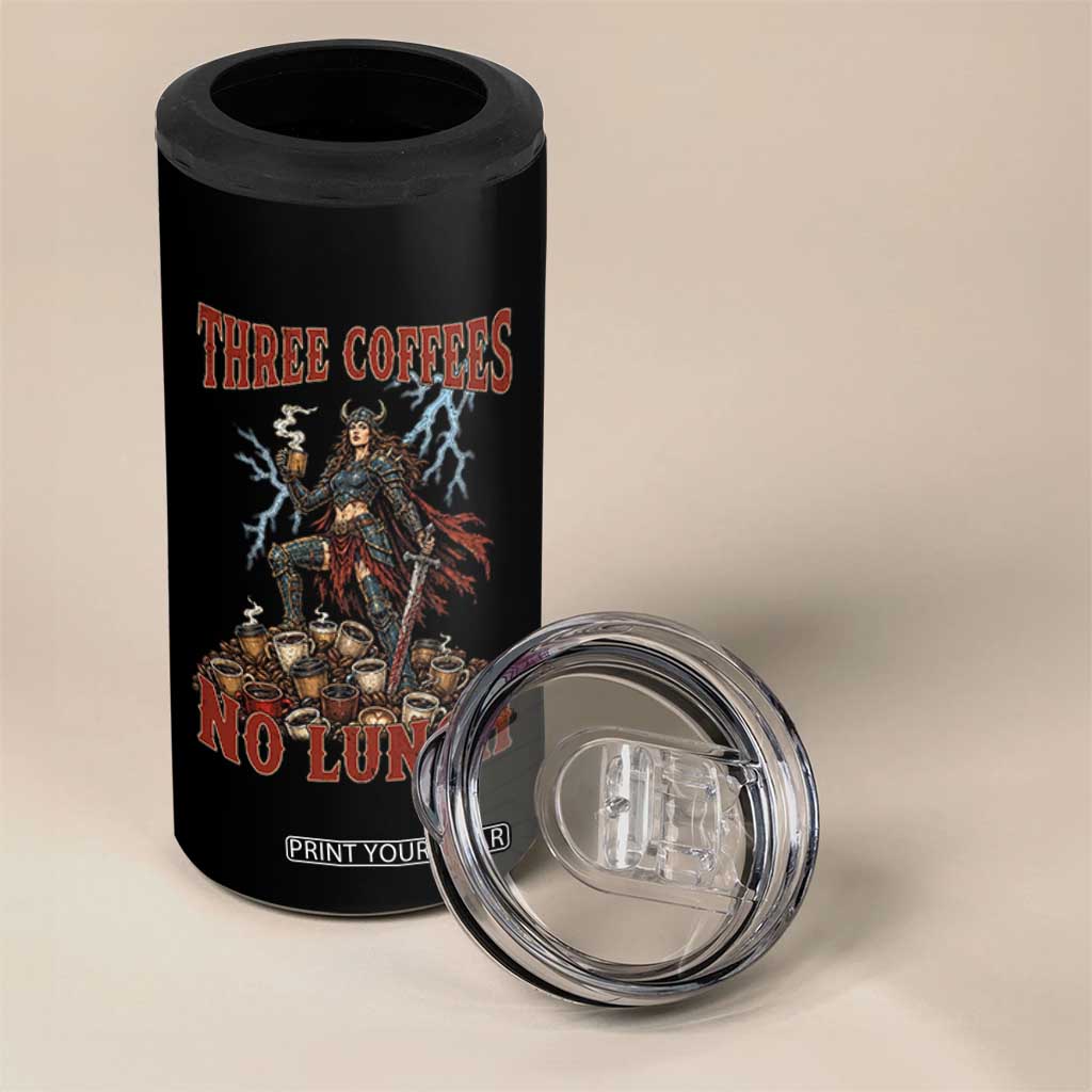 Funny Medieval Knight Worker Meme 4 in 1 Can Cooler Tumbler Three Coffees No Lunch Valkyrie Coffee Lover