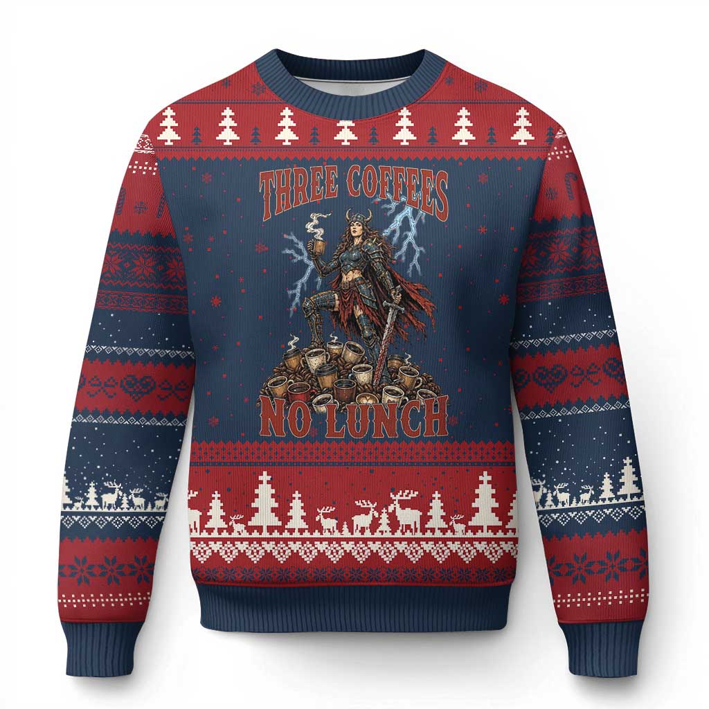 Funny Medieval Knight Worker Meme Ugly Christmas Sweater Three Coffees No Lunch Valkyrie Coffee Lover TS12 Navy Red Print Your Wear