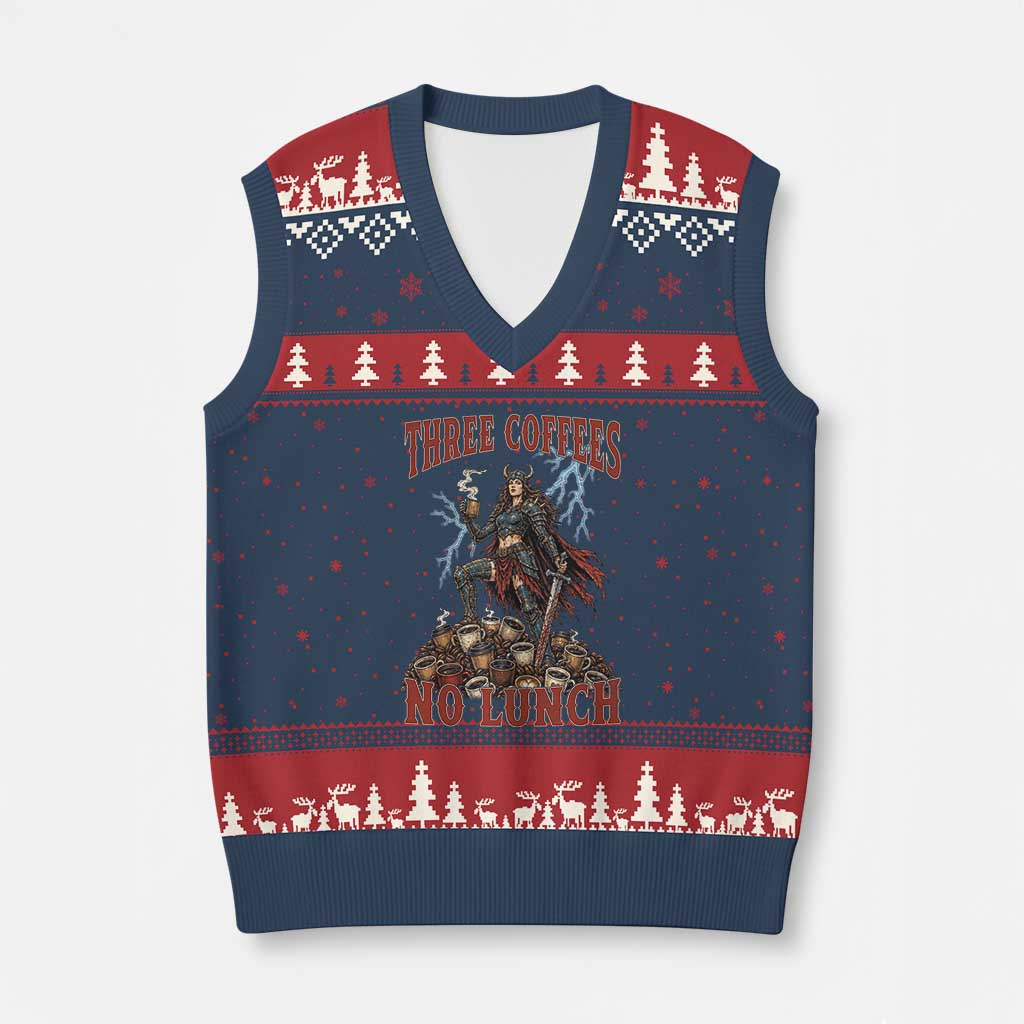 Funny Medieval Knight Worker Meme V-Neck Knit Sweater Vest Three Coffees No Lunch Valkyrie Coffee Lover TS12 Navy Red Print Your Wear