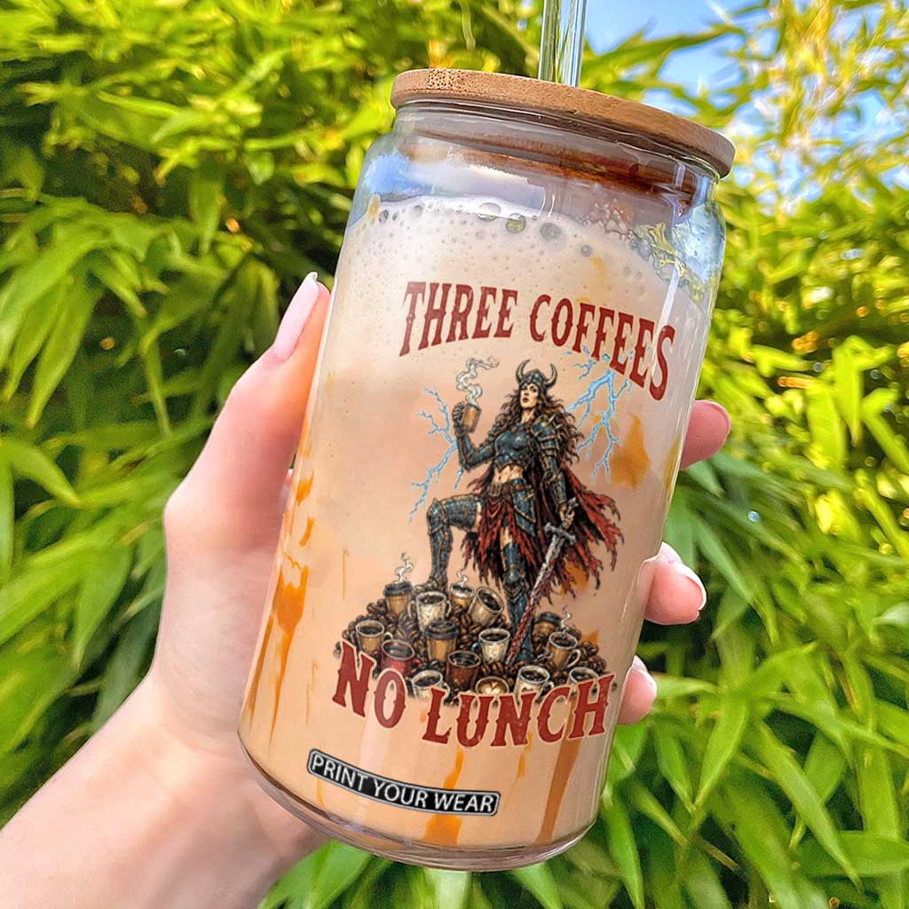 Funny Medieval Knight Worker Meme Glass Can Three Coffees No Lunch Valkyrie Coffee Lover TS12 Black Print Your Wear