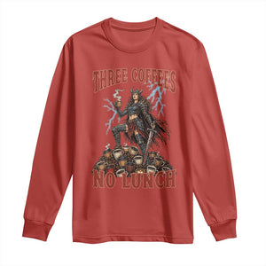 Funny Medieval Knight Worker Meme Long Sleeve Shirt Three Coffees No Lunch Valkyrie Coffee Lover