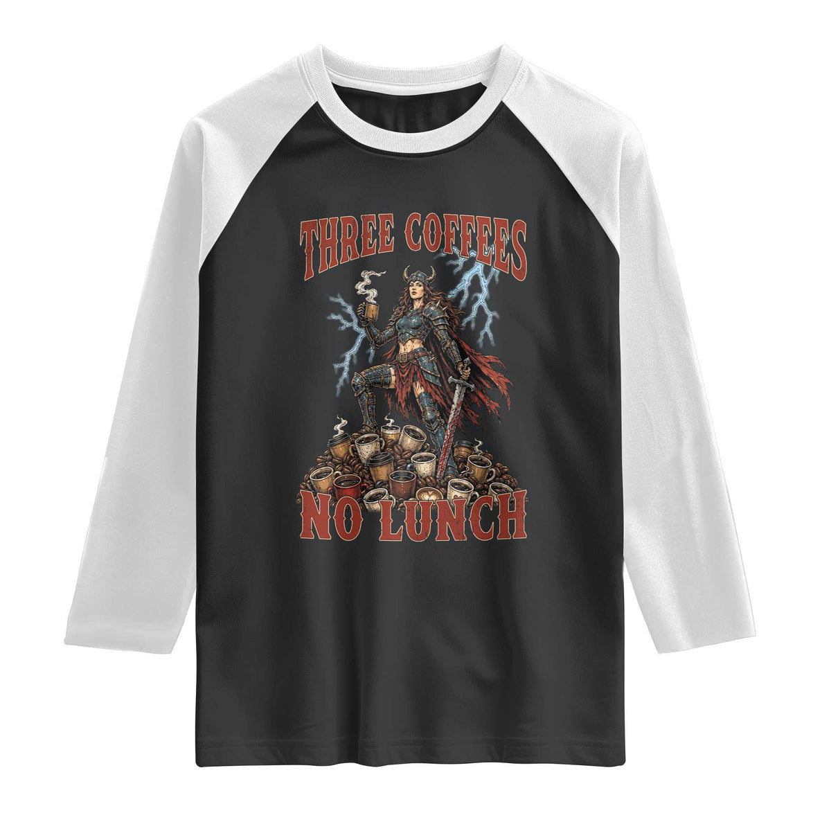 Funny Medieval Knight Worker Meme Raglan Shirt Three Coffees No Lunch Valkyrie Coffee Lover