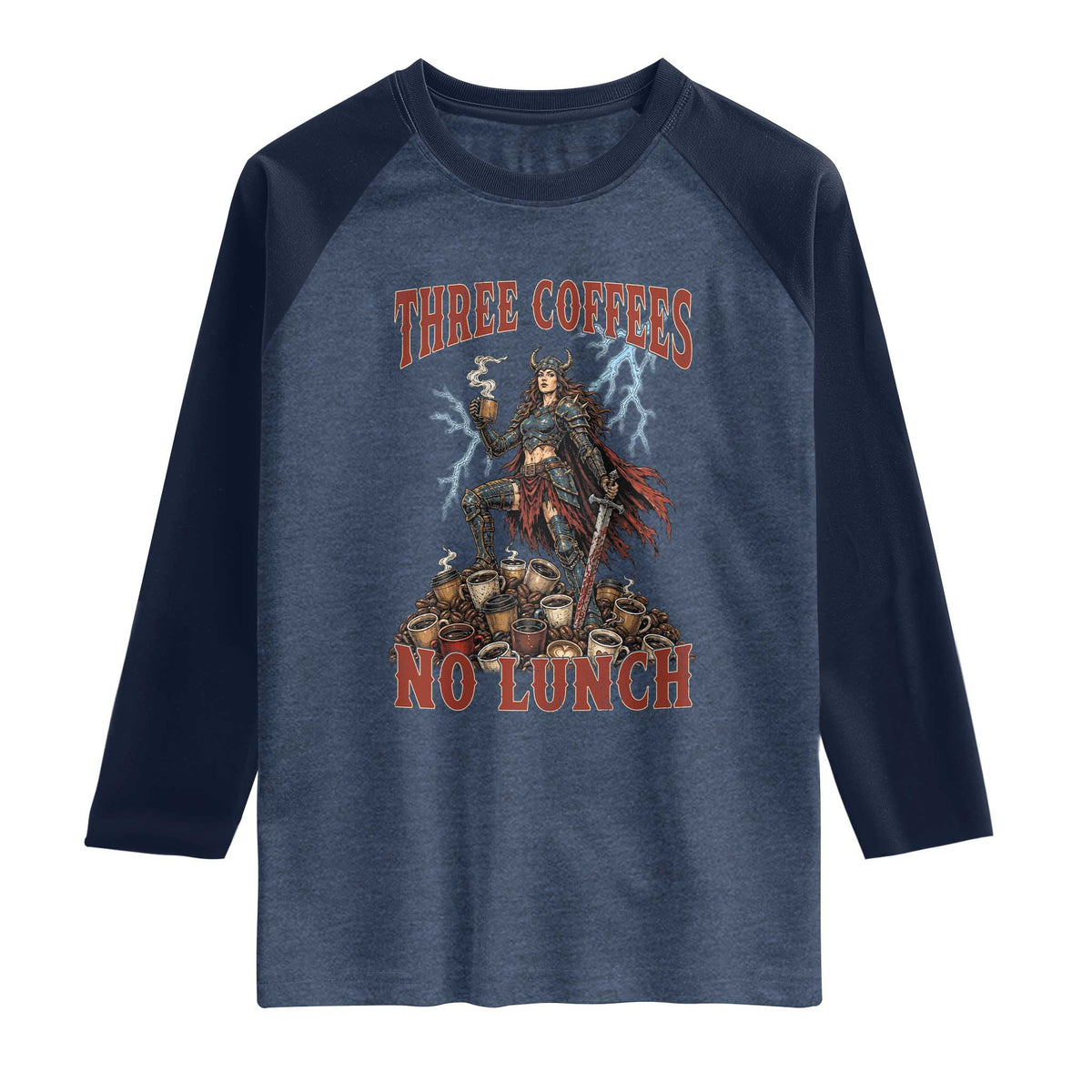 Funny Medieval Knight Worker Meme Raglan Shirt Three Coffees No Lunch Valkyrie Coffee Lover