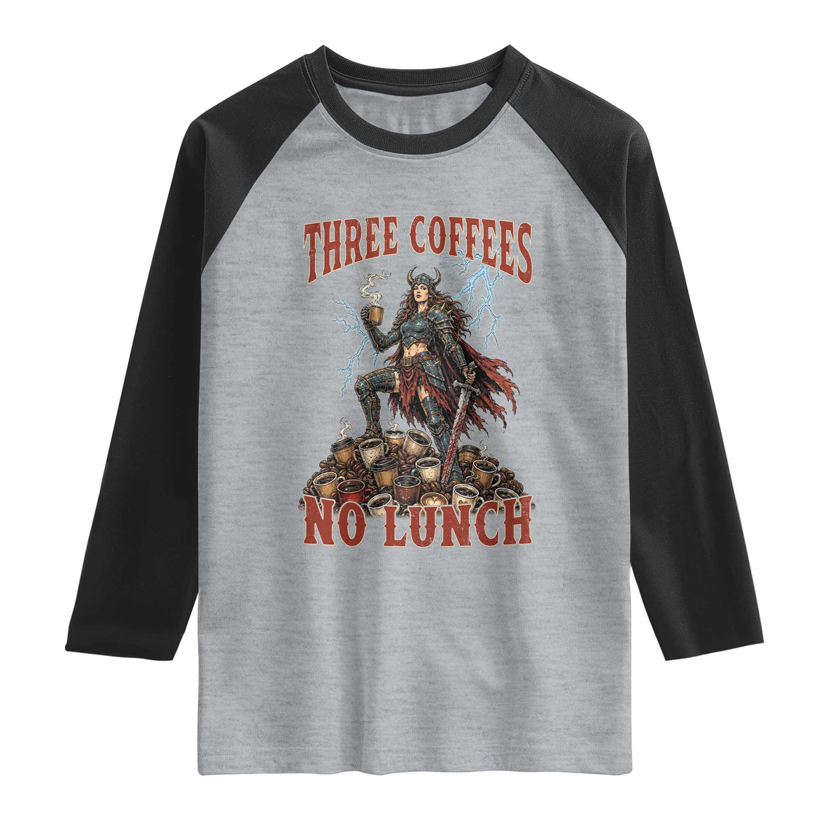 Funny Medieval Knight Worker Meme Raglan Shirt Three Coffees No Lunch Valkyrie Coffee Lover