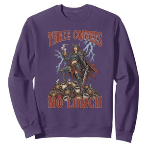 Funny Medieval Knight Worker Meme Sweatshirt Three Coffees No Lunch Valkyrie Coffee Lover