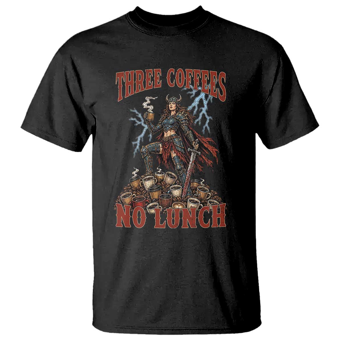 Funny Medieval Knight Worker Meme T Shirt Three Coffees No Lunch Valkyrie Coffee Lover TS12 Black Print Your Wear