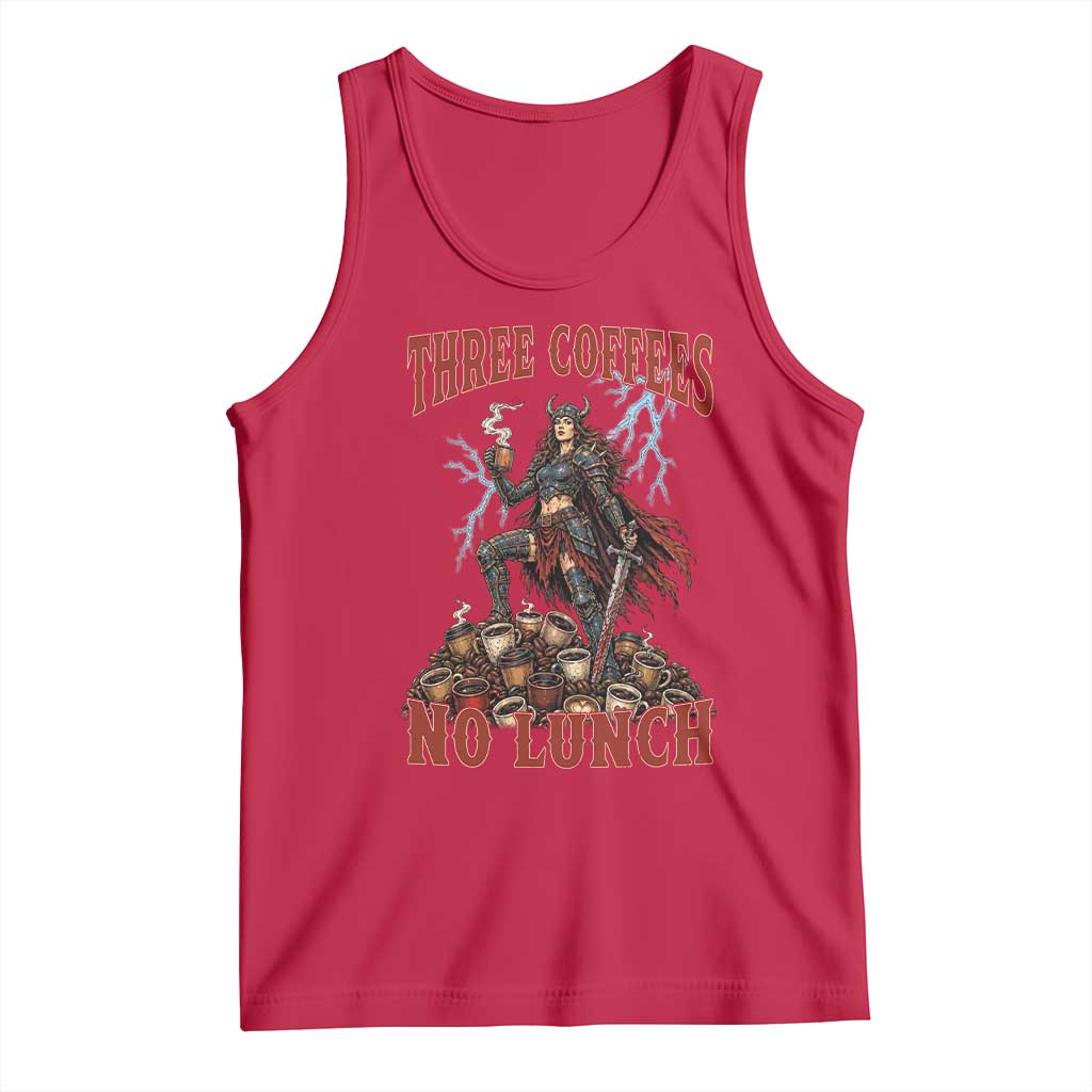 Funny Medieval Knight Worker Meme Tank Top Three Coffees No Lunch Valkyrie Coffee Lover