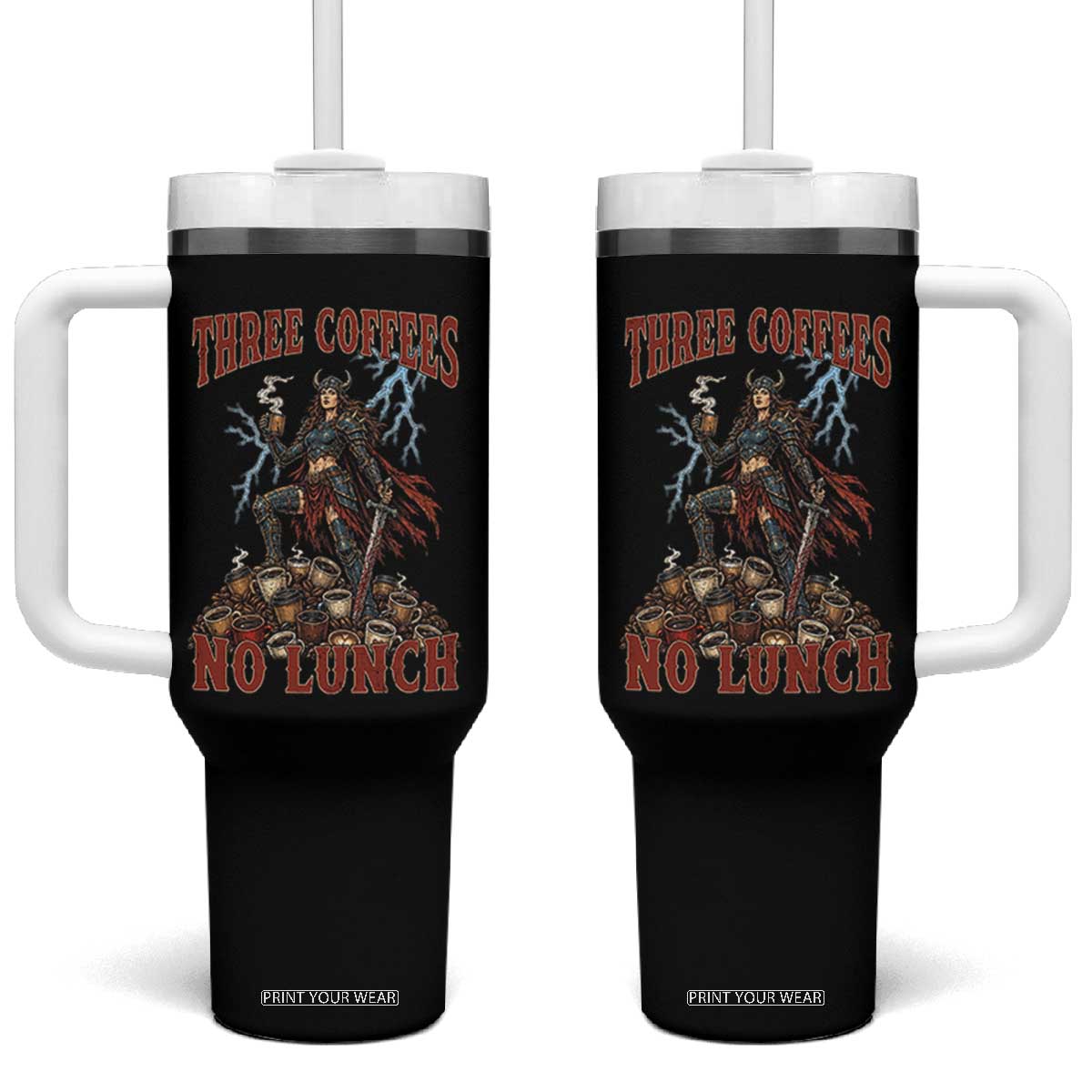 Funny Medieval Knight Worker Meme Tumbler With Handle Three Coffees No Lunch Valkyrie Coffee Lover