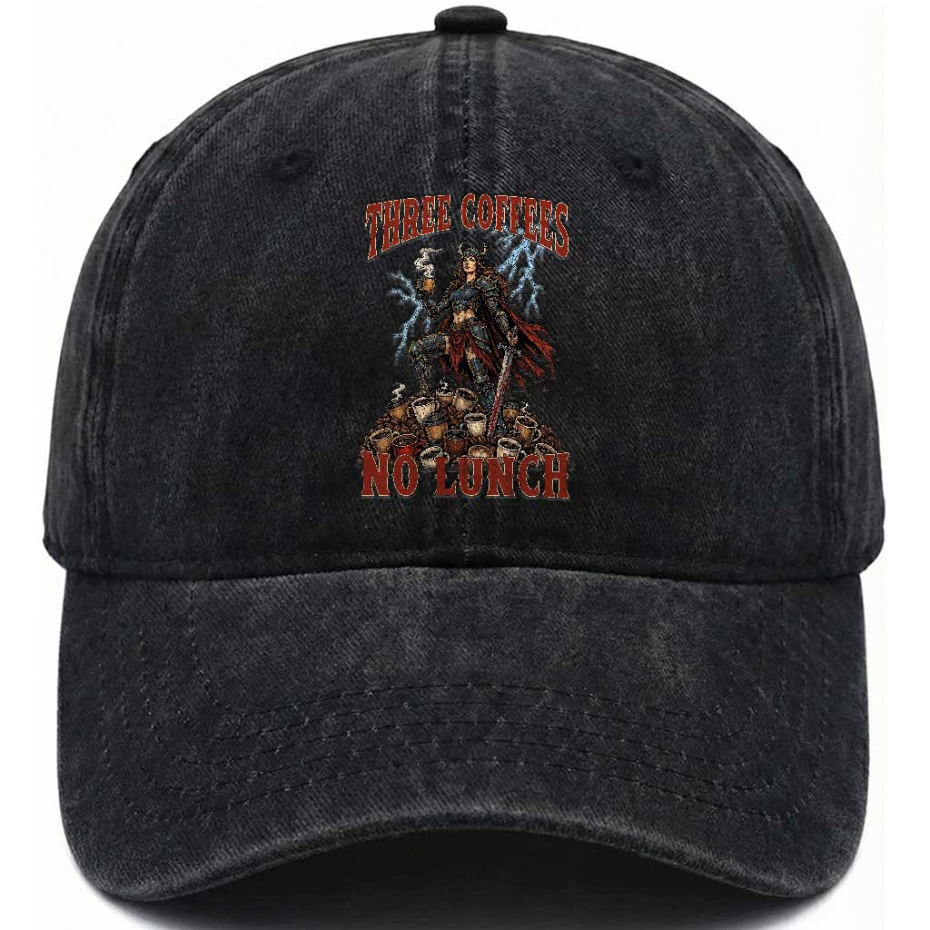 Funny Medieval Knight Worker Meme Washed Cotton Baseball Cap Three Coffees No Lunch Valkyrie Coffee Lover TS12 Print Your Wear