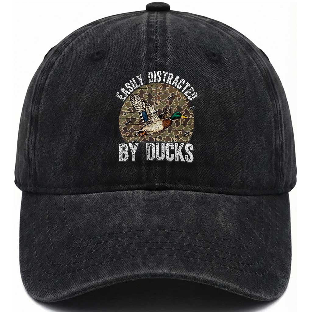 Duck Hunting Gift Washed Cotton Baseball Cap Easily Distracted By Ducks TS12 Washed Cap Universal Fit Black Print Your Wear
