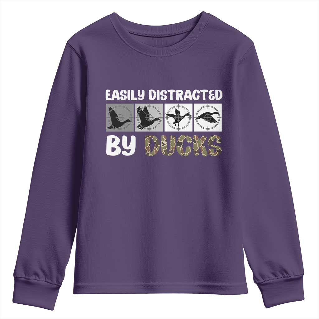 Funny Hunting Gift Youth Sweatshirt Easily Distracted By Ducks Outdoor Lover TS12 Purple Print Your Wear