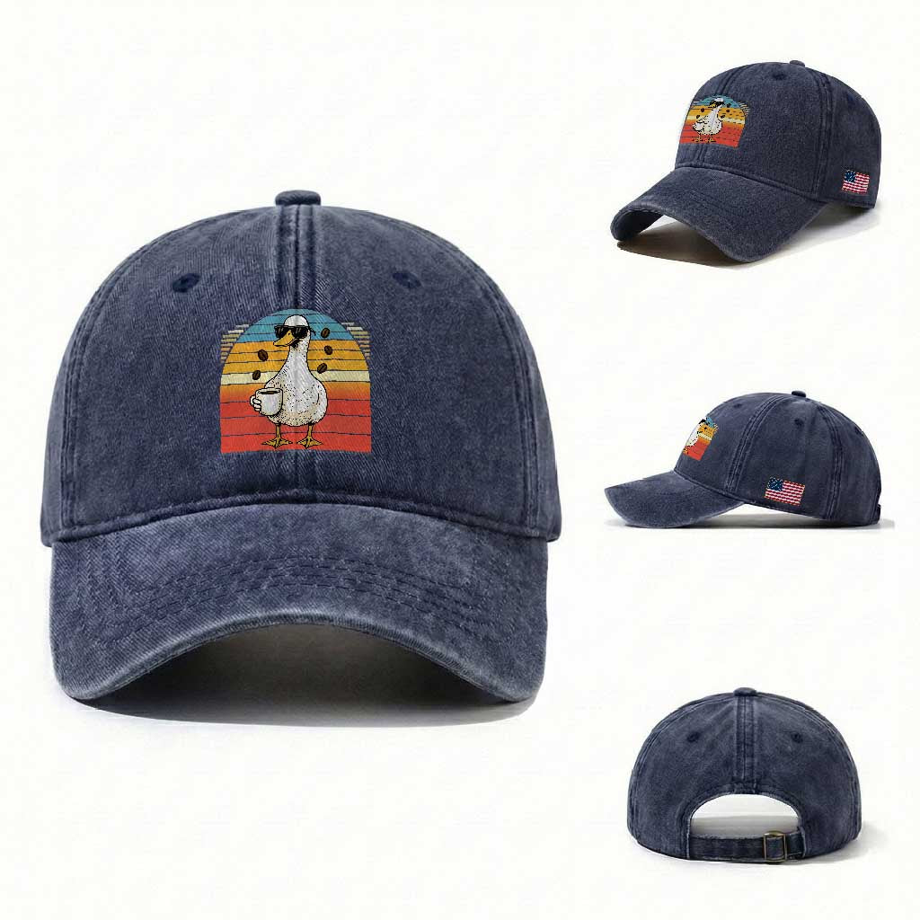 Funny Duck Drinking Washed Cotton Baseball Cap Coffee Lover Gift TS12 Washed Cap Universal Fit Navy Print Your Wear