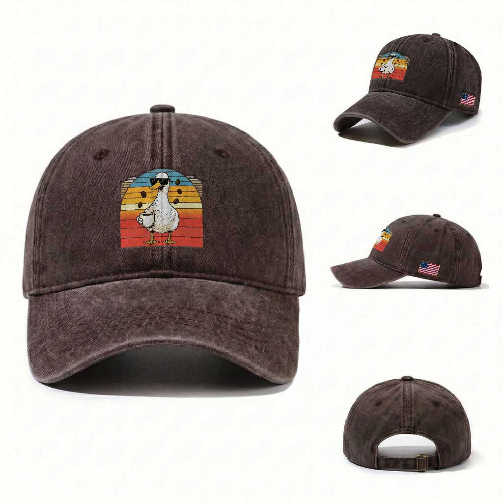 Funny Duck Drinking Washed Cotton Baseball Cap Coffee Lover Gift TS12 Washed Cap Universal Fit Dark Brown Print Your Wear
