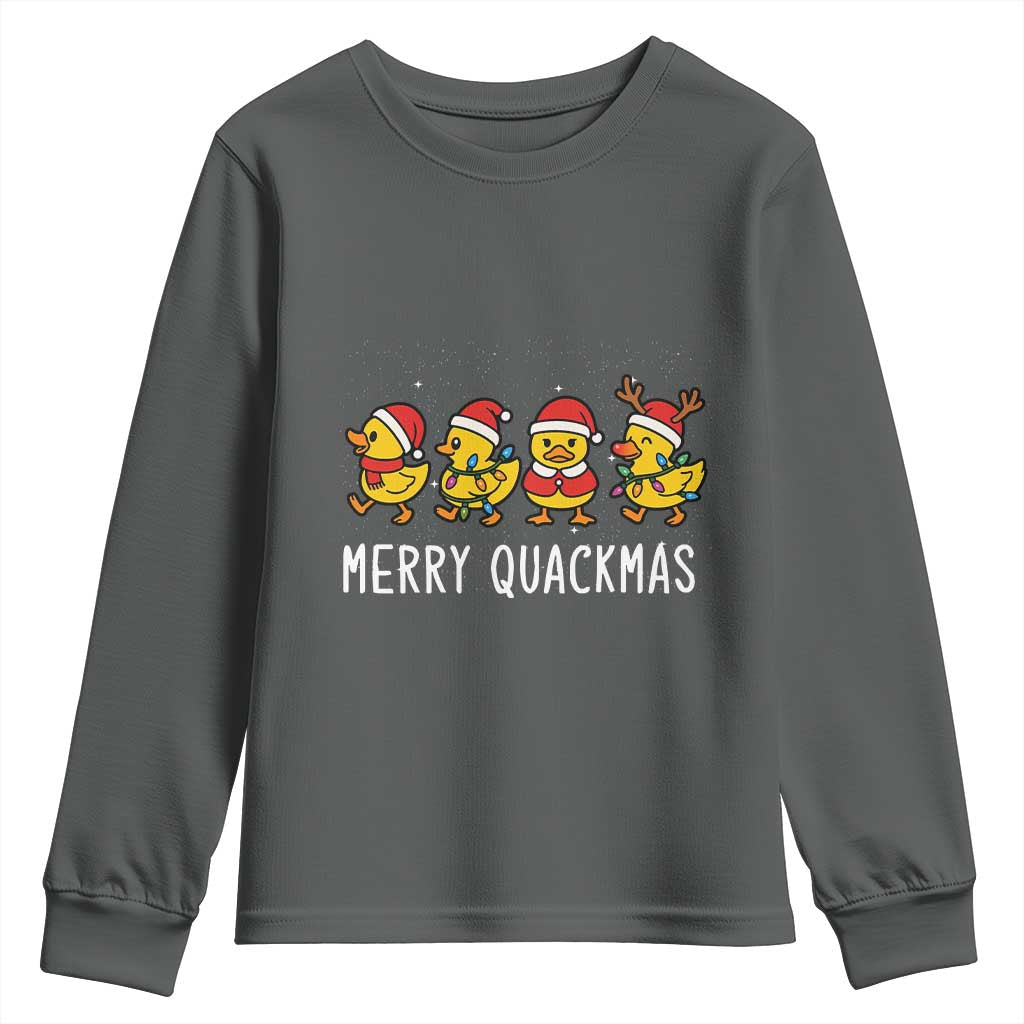 Funny Christmas Duck Youth Sweatshirt Merry Quackmas Gift TS12 Dark Heather Print Your Wear