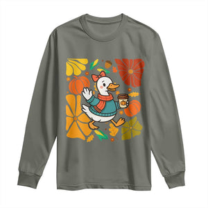 Thanksgiving Duck Lover Gift Long Sleeve Shirt Cute Duck Drinking Coffee TS12 Military Green Print Your Wear