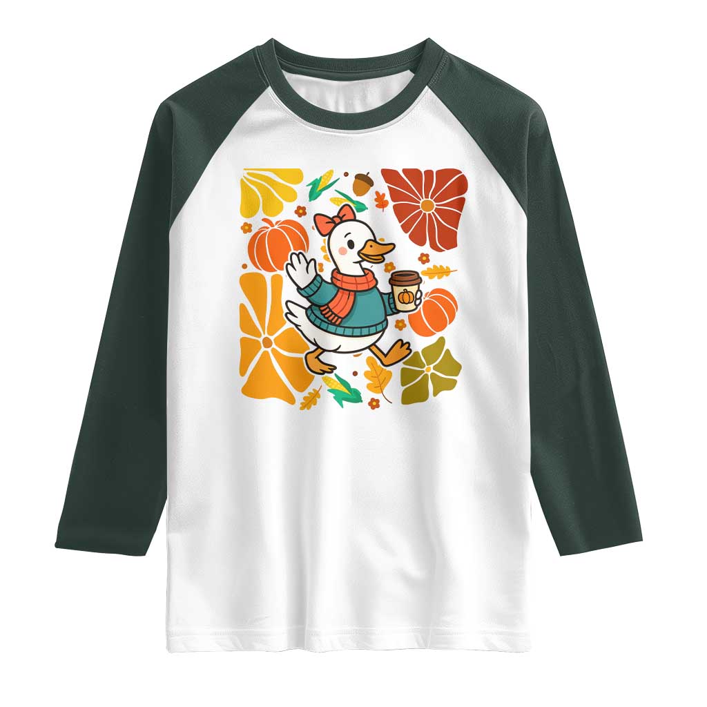 Thanksgiving Duck Lover Gift Raglan Shirt Cute Duck Drinking Coffee TS12 White Dark Forest Green Print Your Wear