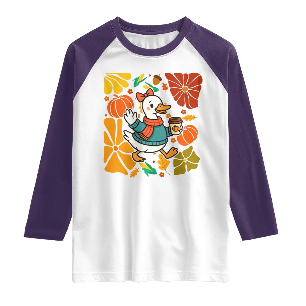 Thanksgiving Duck Lover Gift Raglan Shirt Cute Duck Drinking Coffee TS12 White Purple Print Your Wear