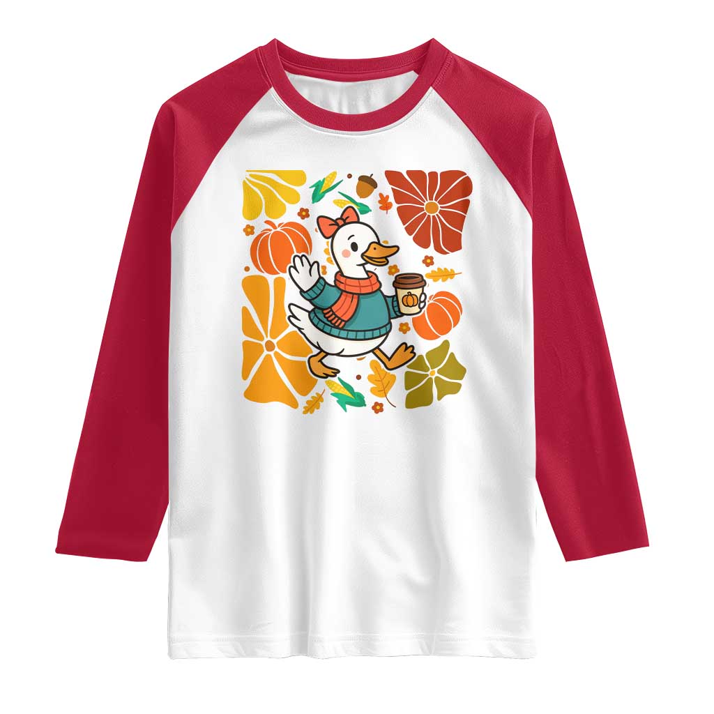 Thanksgiving Duck Lover Gift Raglan Shirt Cute Duck Drinking Coffee TS12 White Red Print Your Wear