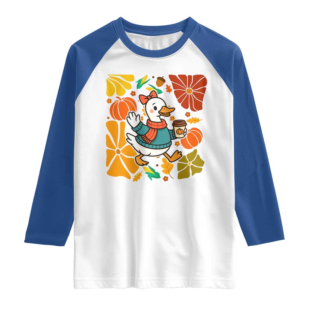 Thanksgiving Duck Lover Gift Raglan Shirt Cute Duck Drinking Coffee TS12 White Royal Print Your Wear